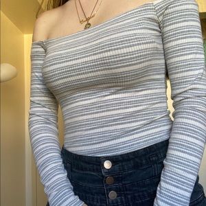 off the shoulder striped long sleeve bodysuit